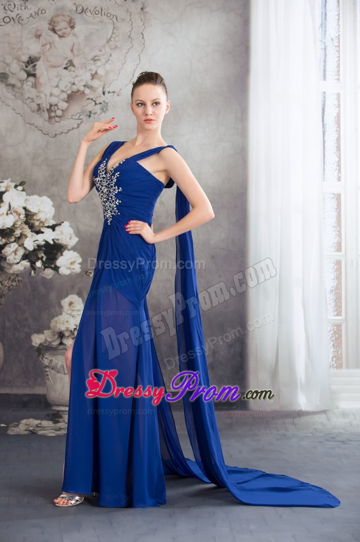 High Slit Beaded Prom Gown Dress Watteau Train in Royal Blue for Juazeiro