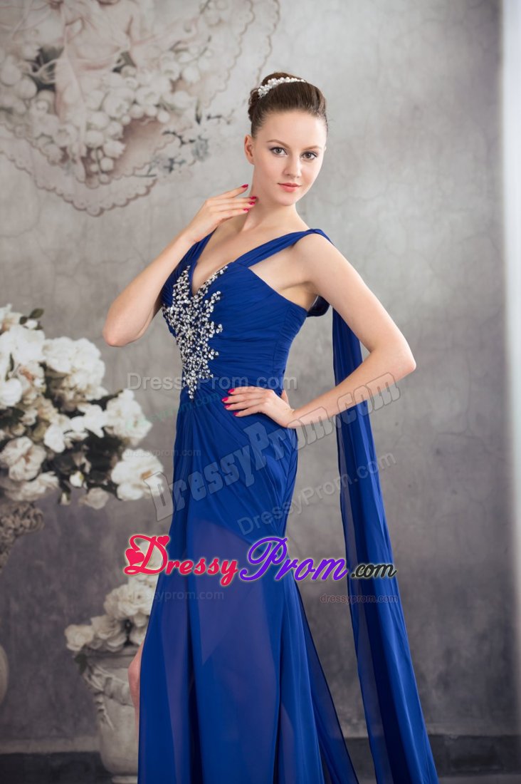 High Slit Beaded Prom Gown Dress Watteau Train in Royal Blue for Juazeiro
