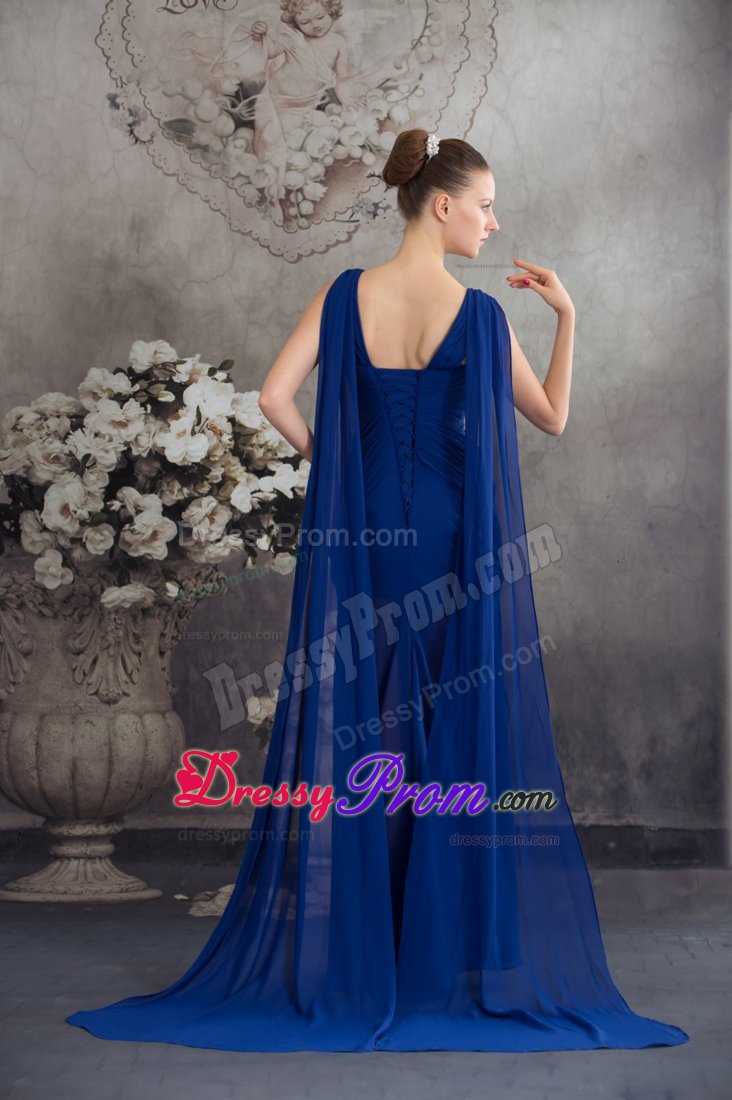 High Slit Beaded Prom Gown Dress Watteau Train in Royal Blue for Juazeiro