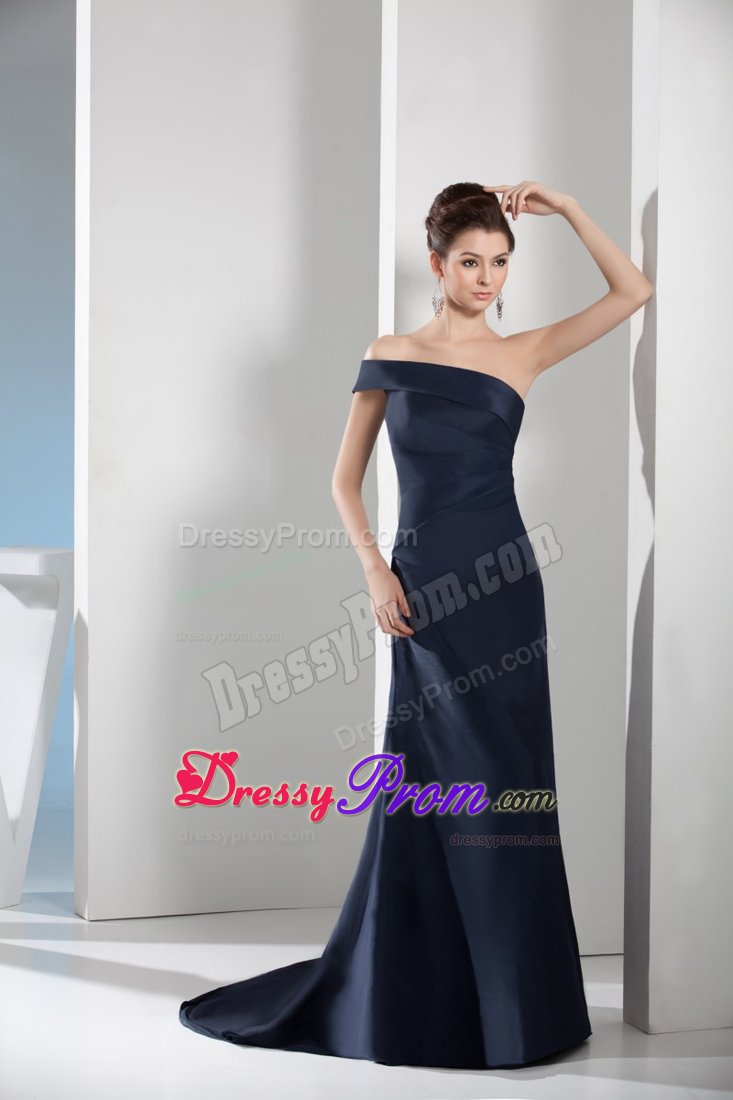 Navy Blue Prom Evening Dresses Asymmetrical Shoulder with Side Zipper