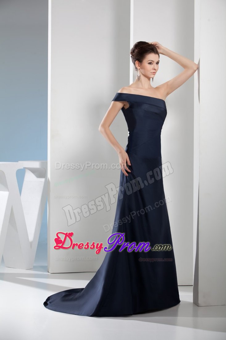 Navy Blue Prom Evening Dresses Asymmetrical Shoulder with Side Zipper