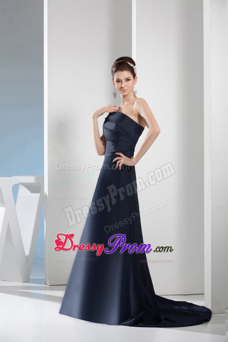 Navy Blue Prom Evening Dresses Asymmetrical Shoulder with Side Zipper
