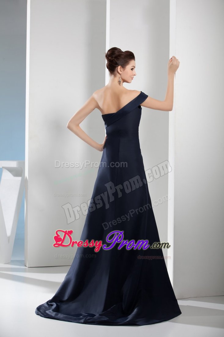 Navy Blue Prom Evening Dresses Asymmetrical Shoulder with Side Zipper