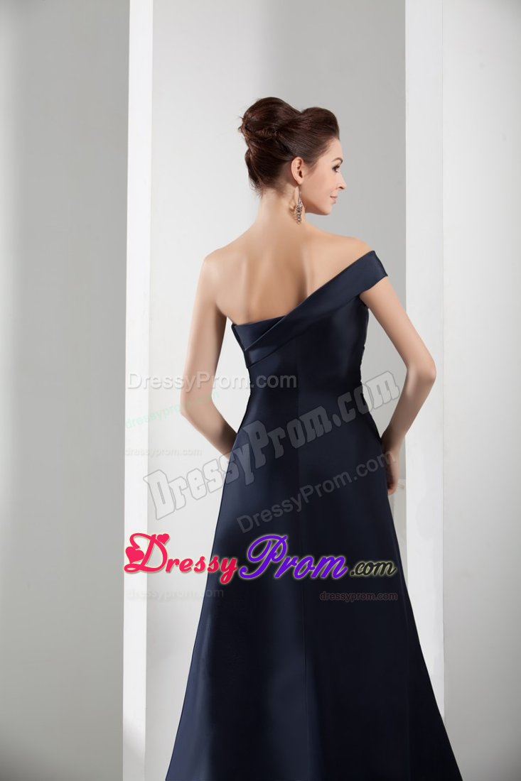 Navy Blue Prom Evening Dresses Asymmetrical Shoulder with Side Zipper