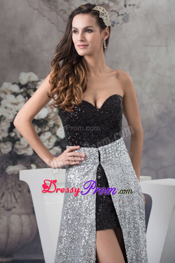 Popular Black and Silver Sequins Dress for Prom Sweetheart Watteau Train