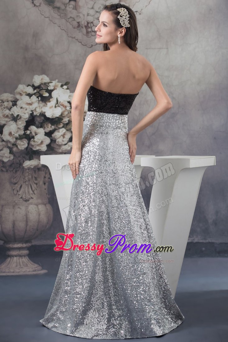 Popular Black and Silver Sequins Dress for Prom Sweetheart Watteau Train