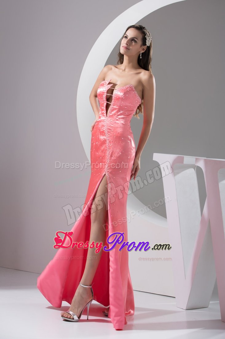 Sexy Beaded Prom Gown Dress Strapless High Slit Watermelon in Mossoro