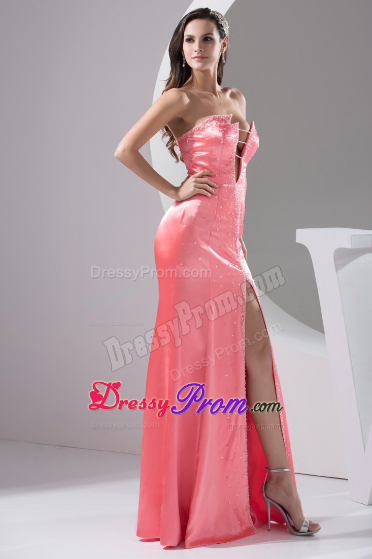 Sexy Beaded Prom Gown Dress Strapless High Slit Watermelon in Mossoro