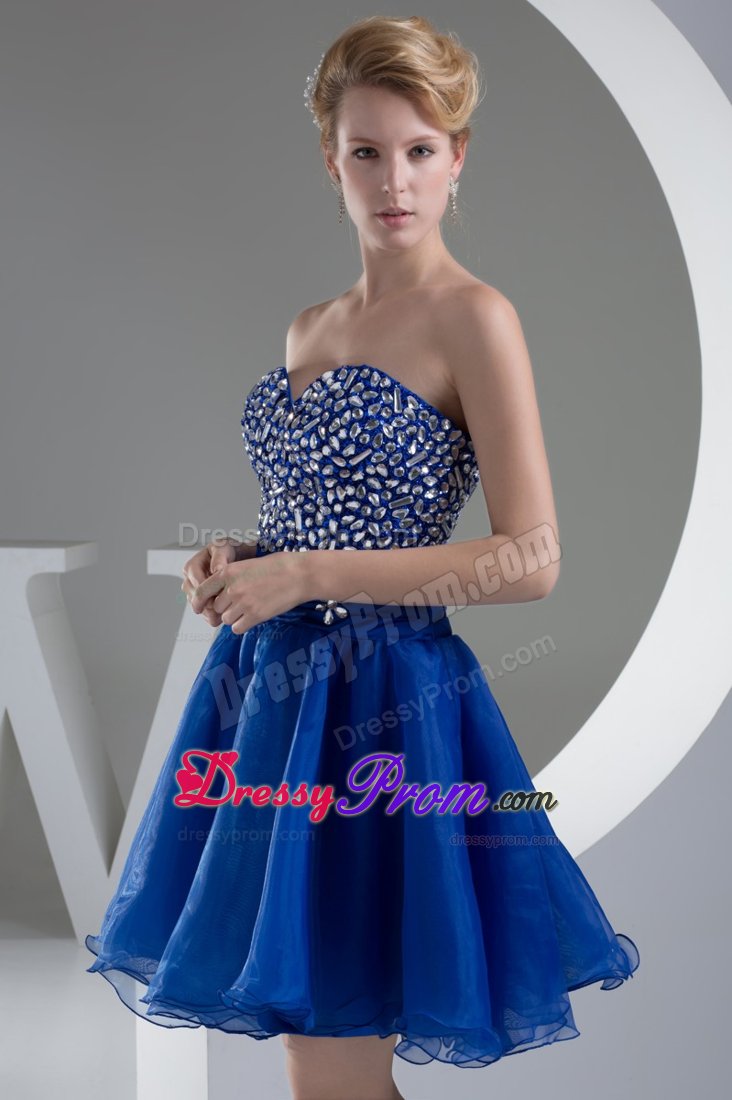 Royal Blue Organza Prom Dresses for Ladies Min-Length with Rhinestones