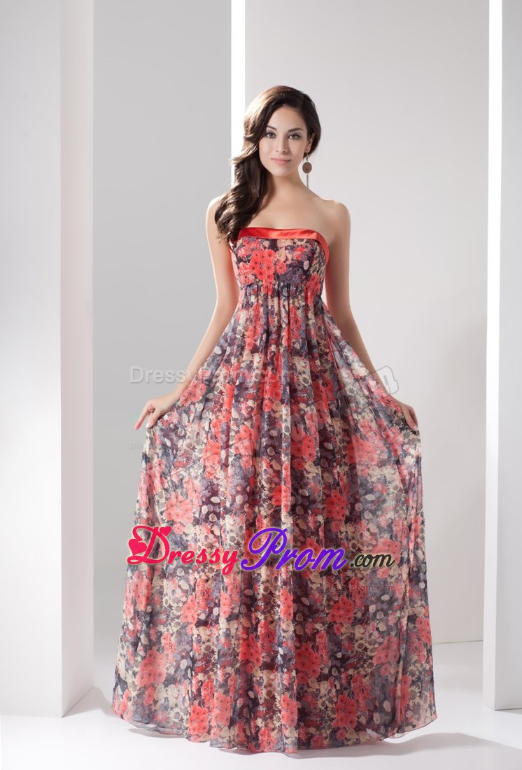 Colorful Printed Prom Holiday Dress Strapless Floor-length Zipper up Back