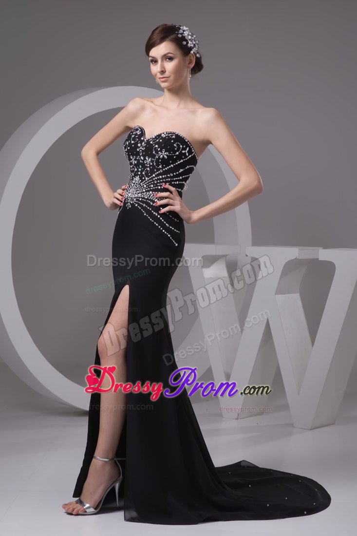 Sheath Black Brush Prom Gown Beading and High Slit Decorated