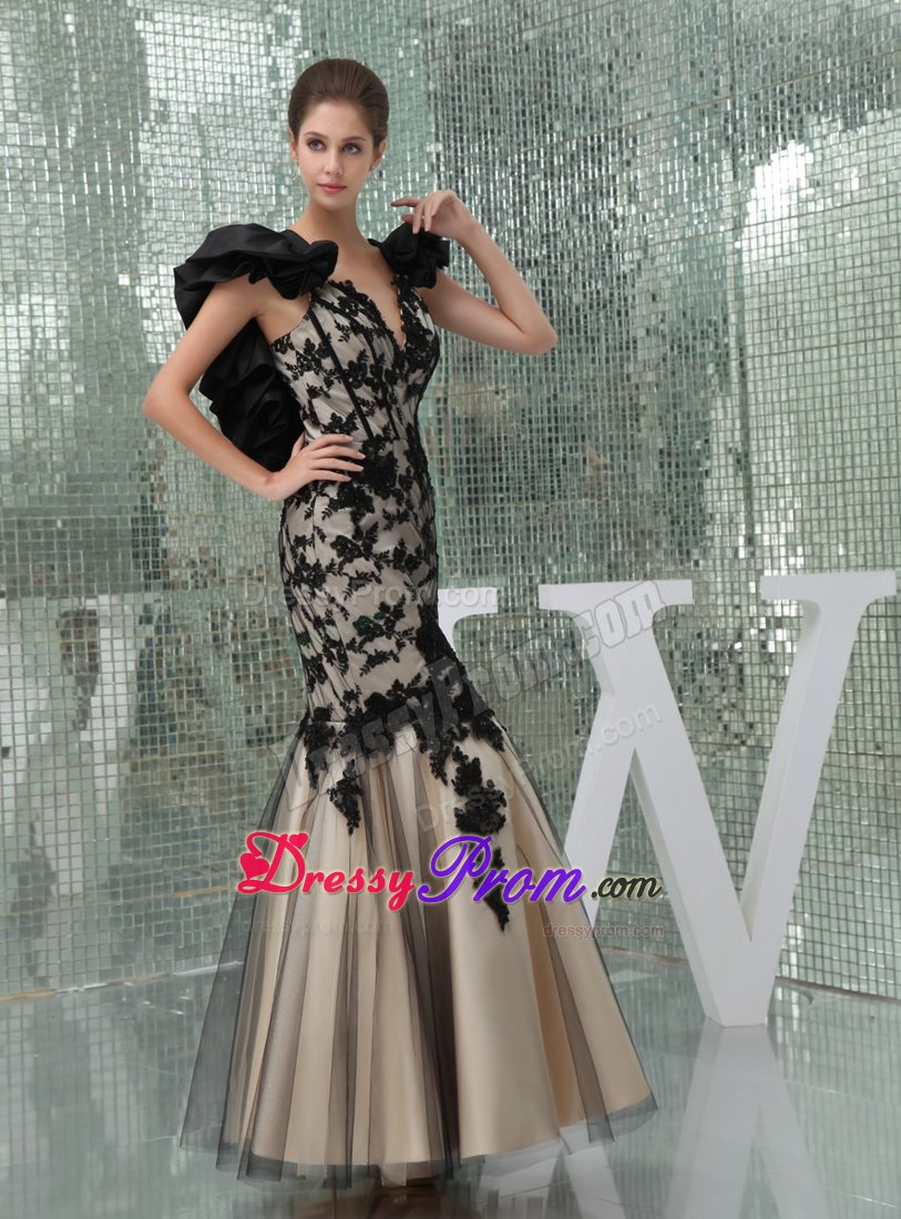 Black and Champagne Mermaid Prom Dress with Lace over