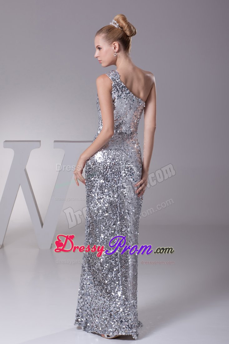 Stunning Sequin over One Shoulder for Column Silver Prom Dress