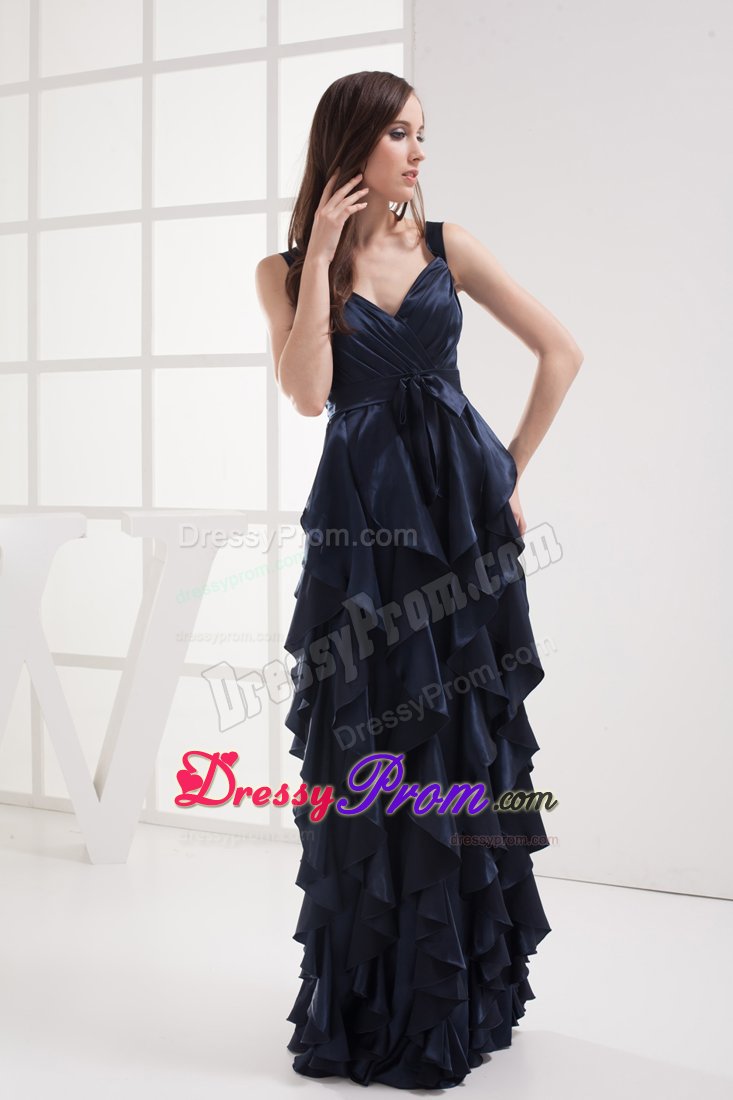 Gorgeous Navy Blue V-neck Prom Party Dress Ruffled Layers Floor-length