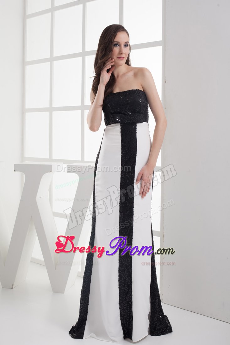 White and Black Prom Graduation Dresses Sequins Strapless Floor-length