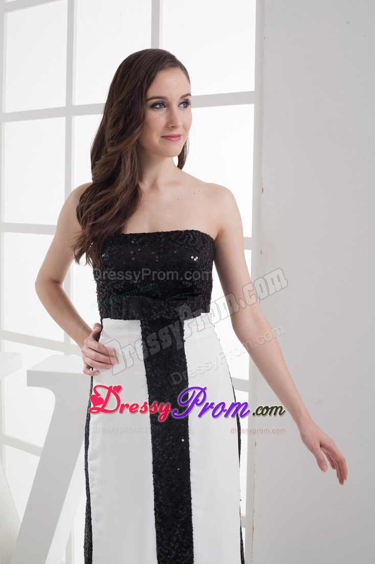 White and Black Prom Graduation Dresses Sequins Strapless Floor-length