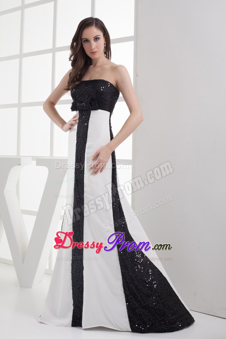 White and Black Prom Graduation Dresses Sequins Strapless Floor-length