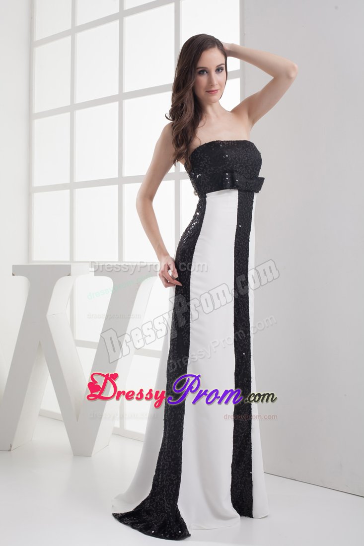 White and Black Prom Graduation Dresses Sequins Strapless Floor-length