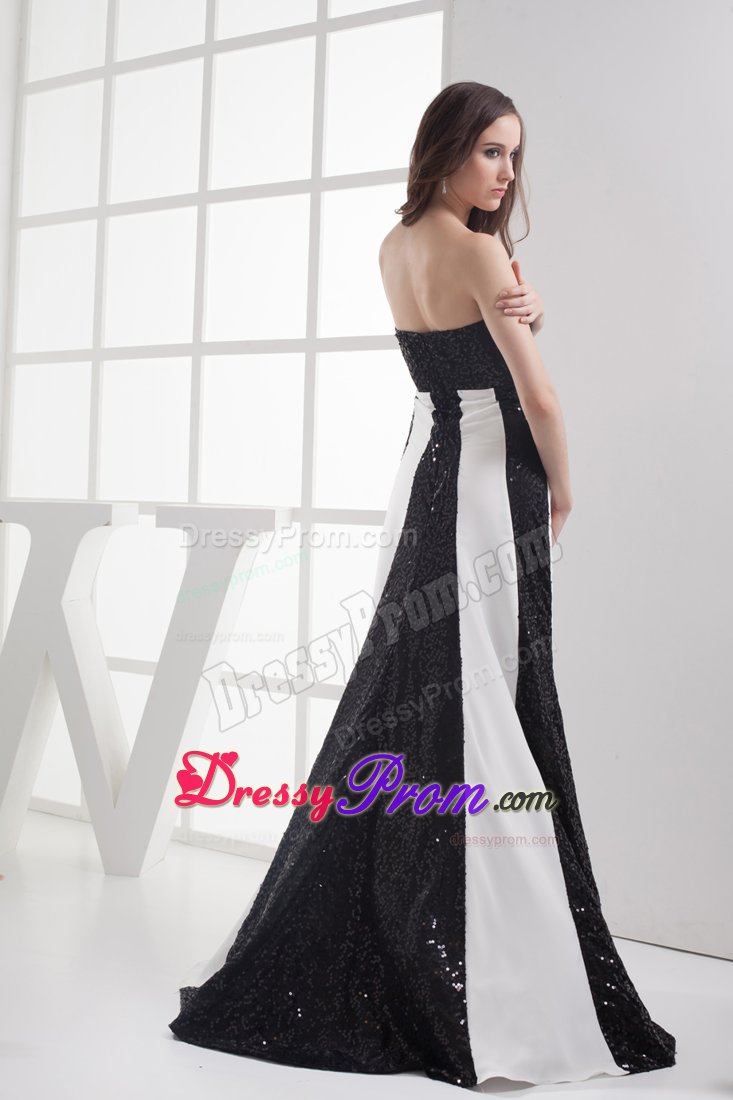 White and Black Prom Graduation Dresses Sequins Strapless Floor-length