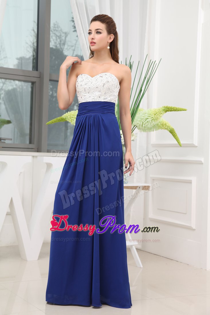 White and Royal Blue Prom Evening Dress Beading Floor-length in Chiffon