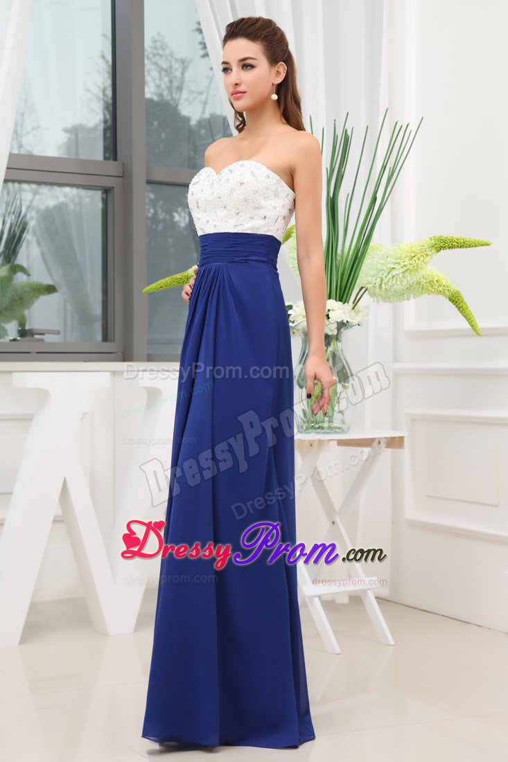 White and Royal Blue Prom Evening Dress Beading Floor-length in Chiffon