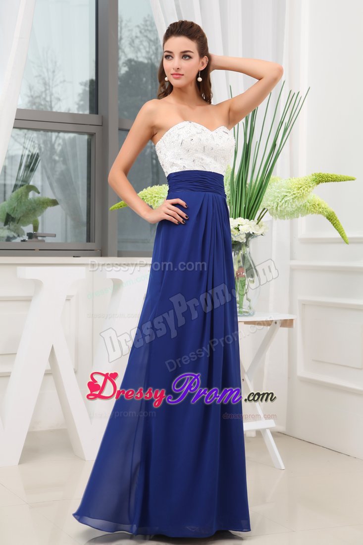 White and Royal Blue Prom Evening Dress Beading Floor-length in Chiffon