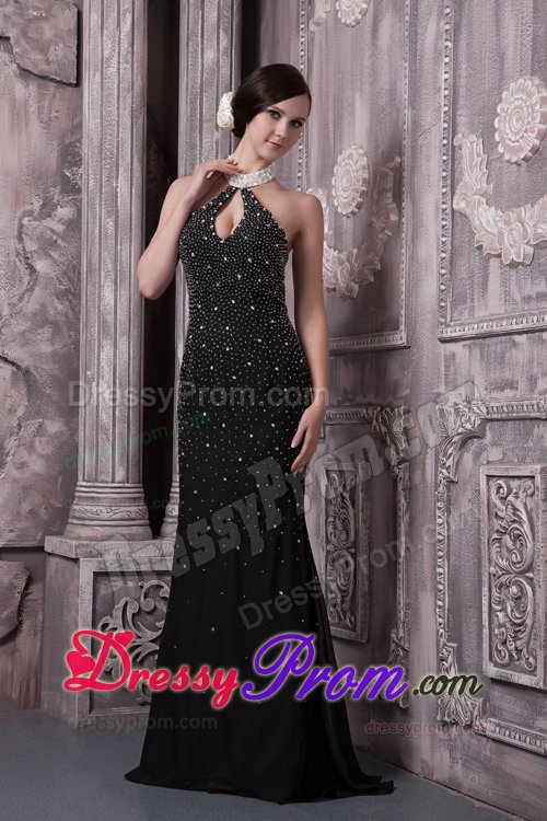 Halter with Key Hole Black Prom Evening Dress Beading Accent