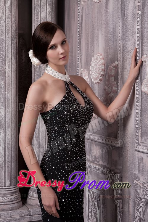 Halter with Key Hole Black Prom Evening Dress Beading Accent