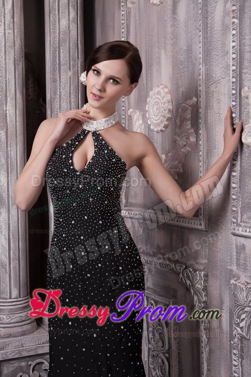Halter with Key Hole Black Prom Evening Dress Beading Accent
