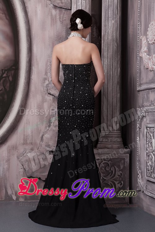 Halter with Key Hole Black Prom Evening Dress Beading Accent