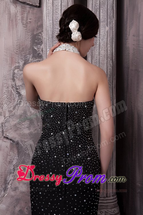 Halter with Key Hole Black Prom Evening Dress Beading Accent