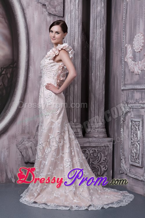 Champagne Scoop Brush Prom Wedding Gown with Flower and Lace