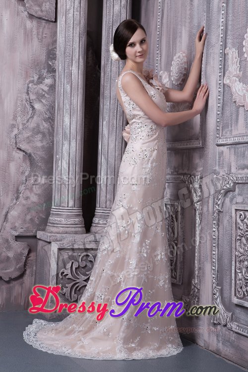 Champagne Scoop Brush Prom Wedding Gown with Flower and Lace