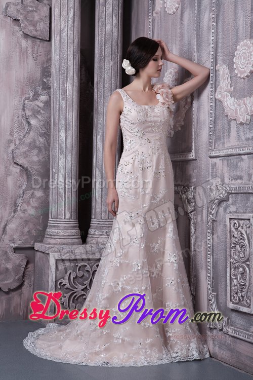 Champagne Scoop Brush Prom Wedding Gown with Flower and Lace