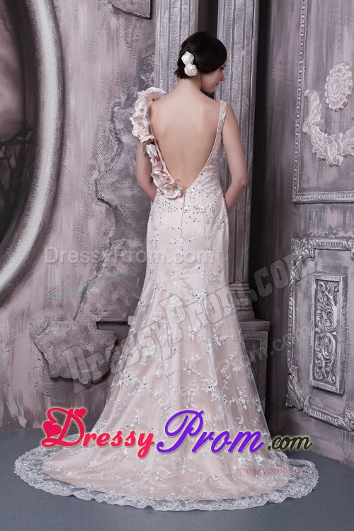 Champagne Scoop Brush Prom Wedding Gown with Flower and Lace