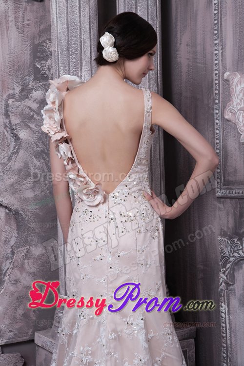 Champagne Scoop Brush Prom Wedding Gown with Flower and Lace
