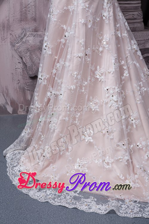 Champagne Scoop Brush Prom Wedding Gown with Flower and Lace