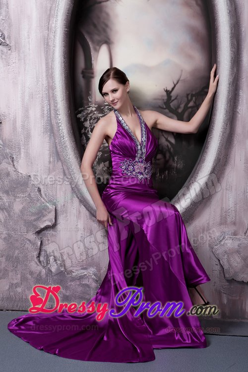 Beading and Appliques for Halter Eggplant Purple Prom Evening Dress