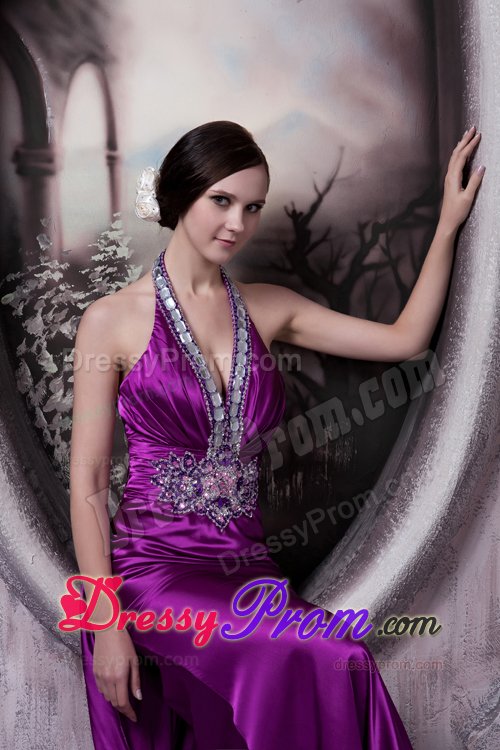 Beading and Appliques for Halter Eggplant Purple Prom Evening Dress