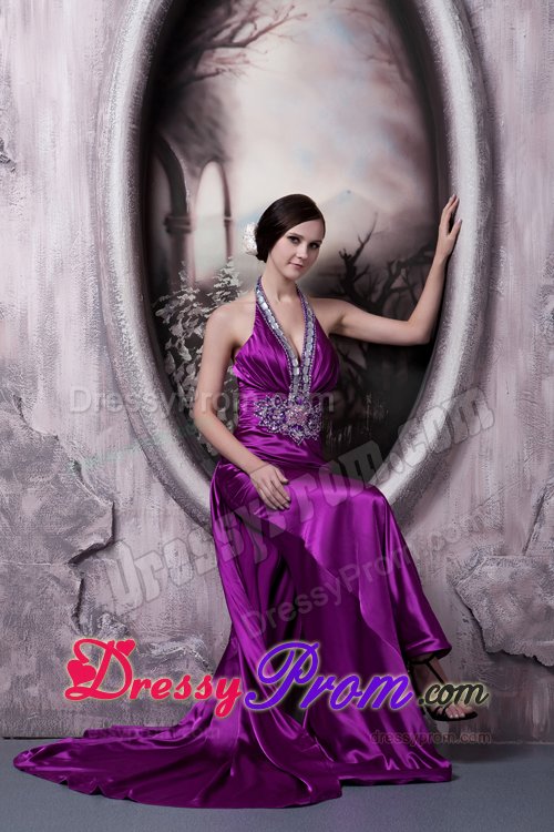 Beading and Appliques for Halter Eggplant Purple Prom Evening Dress