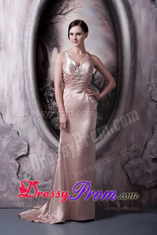 Satin V-neck Sweep Train Prom Bridesmaid Dress with Cutout Back in Style