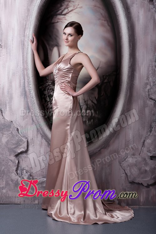 Satin V-neck Sweep Train Prom Bridesmaid Dress with Cutout Back in Style