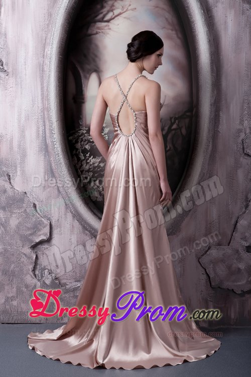 Satin V-neck Sweep Train Prom Bridesmaid Dress with Cutout Back in Style