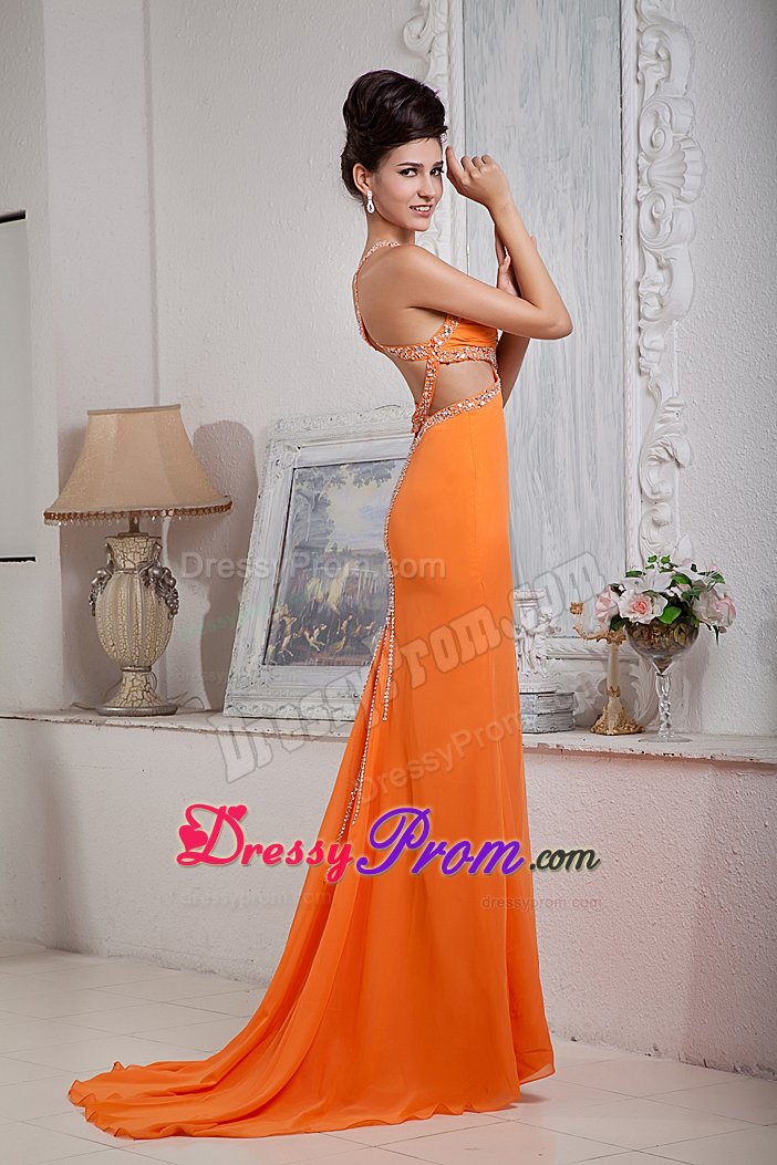 Sexy Orange Red Beading Halter Prom Evening Dress with Brush