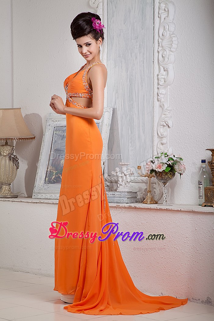 Sexy Orange Red Beading Halter Prom Evening Dress with Brush