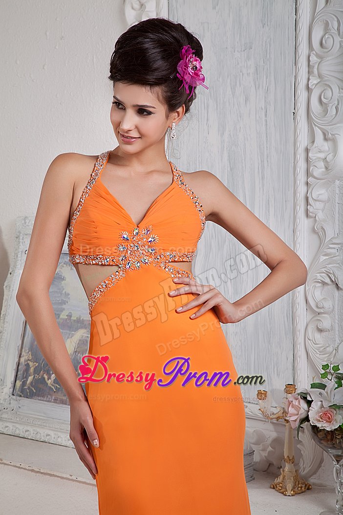 Sexy Orange Red Beading Halter Prom Evening Dress with Brush