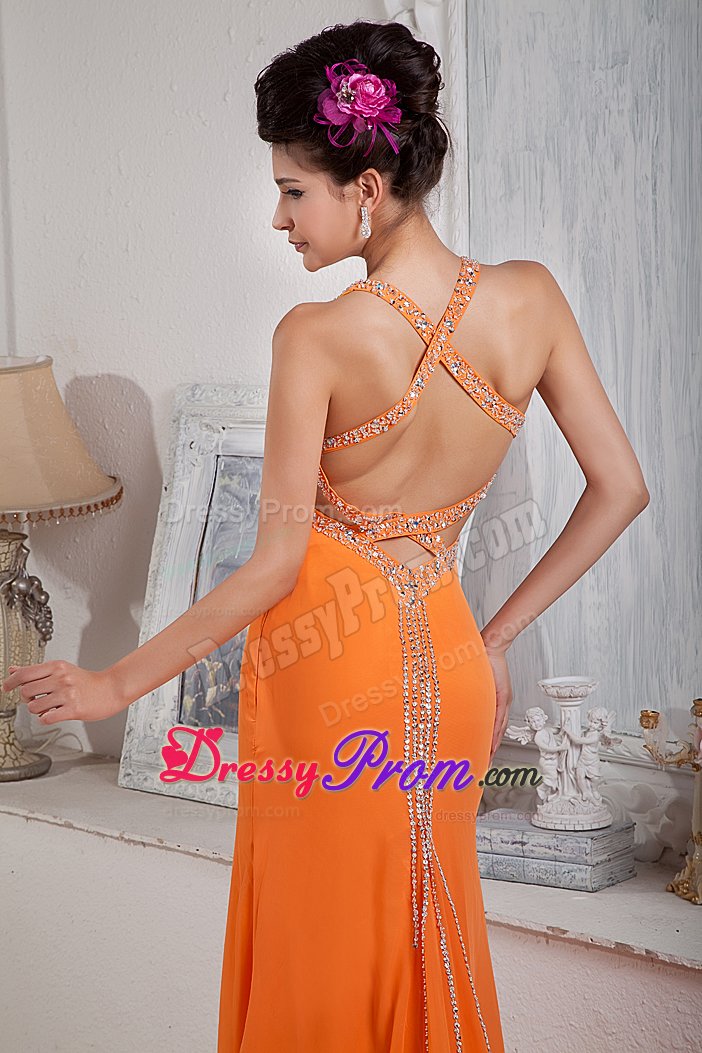 Sexy Orange Red Beading Halter Prom Evening Dress with Brush