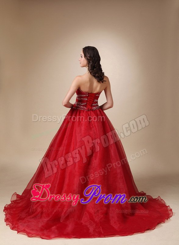 Beaded and Ruched Wine Red Sixteen Quinceanera Dress Brush Train