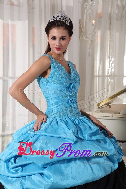 Blue and Black Taffeta Sixteen Quinceanera Dress with Appliques
