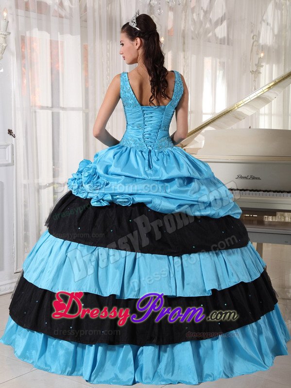 Blue and Black Taffeta Sixteen Quinceanera Dress with Appliques